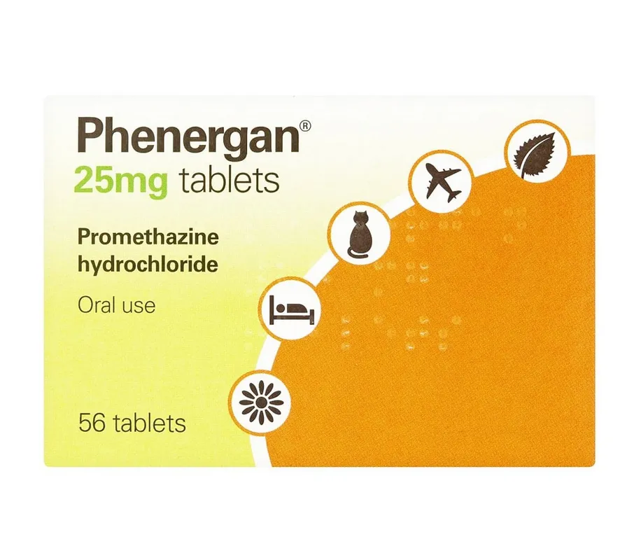 Promethazine A box of Phenergan (promethazine hydrochloride) 25 mg tablets, containing 56 tablets.