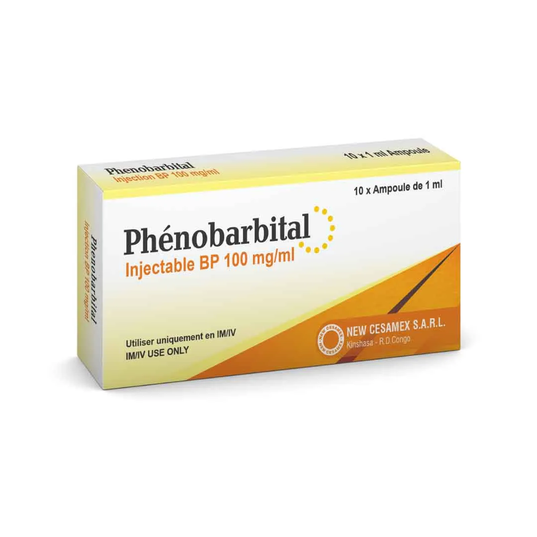 A box of Phenobarbital Injectable BP 100 mg/mL by New Cesamex S.A.R.L., containing 10 x 1 mL ampoules.
