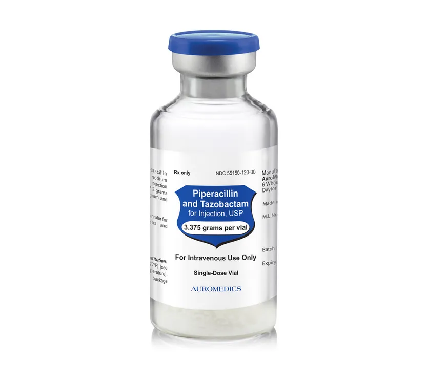 Piperacillin/Tazobactam A single-dose vial of AuroMedics Piperacillin and Tazobactam for Injection, USP, containing 3.375 grams.