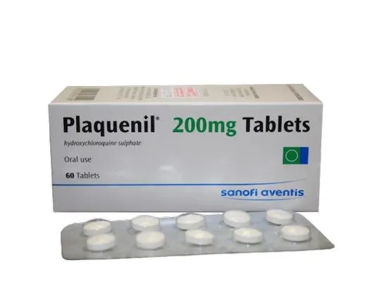 Hydroxychloroquine A box of sanofi aventis Plaquenil (hydroxychloroquine sulphate) 200 mg tablets and a blister pack.