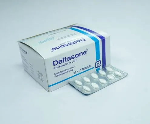 A box of Deltasone (Prednisone) USP 5 mg tablets with a blister pack containing 10 tablets.