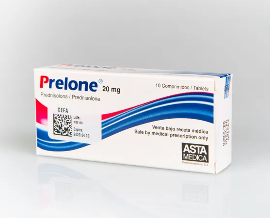 Prednisolone A box of Asta Medica Prelone (Prednisolone) 20 mg tablets.