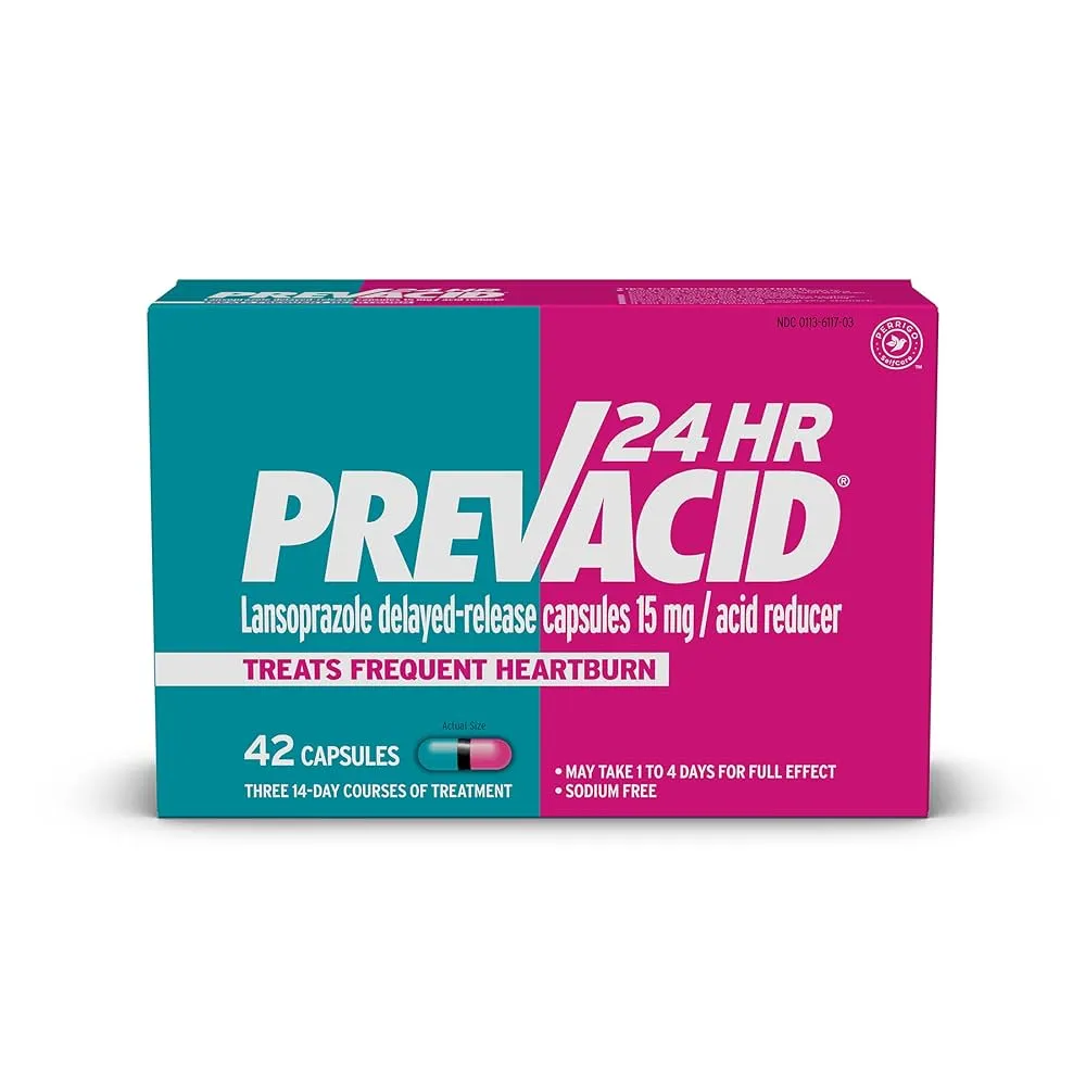 A box of Prevacid (lansoprazole) 15 mg delayed-release capsules, an acid reducer for heartburn, containing 42 capsules.