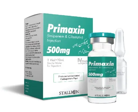 A box and vial of Primaxin (Imipenem & Cilastatin Injection) 500mg, an antibiotic.