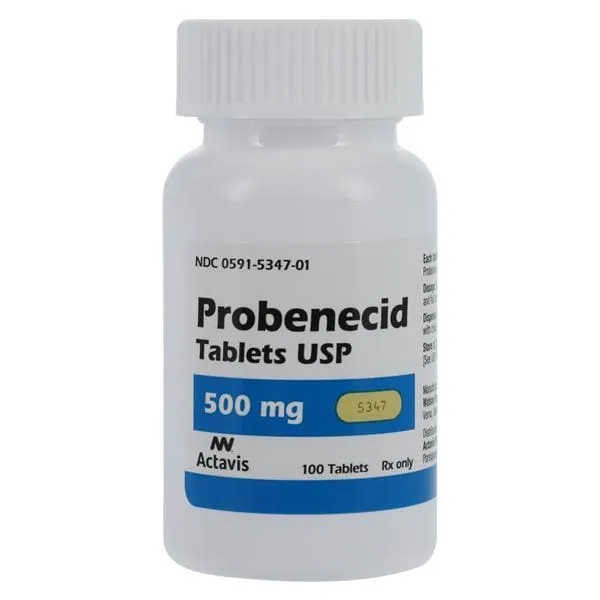 Probenecid A bottle of Actavis Probenecid Tablets USP, 500 mg, containing 100 tablets.