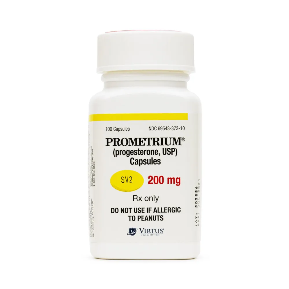 A bottle of Virtus Pharmaceuticals Prometrium (progesterone, USP) 200 mg capsules.