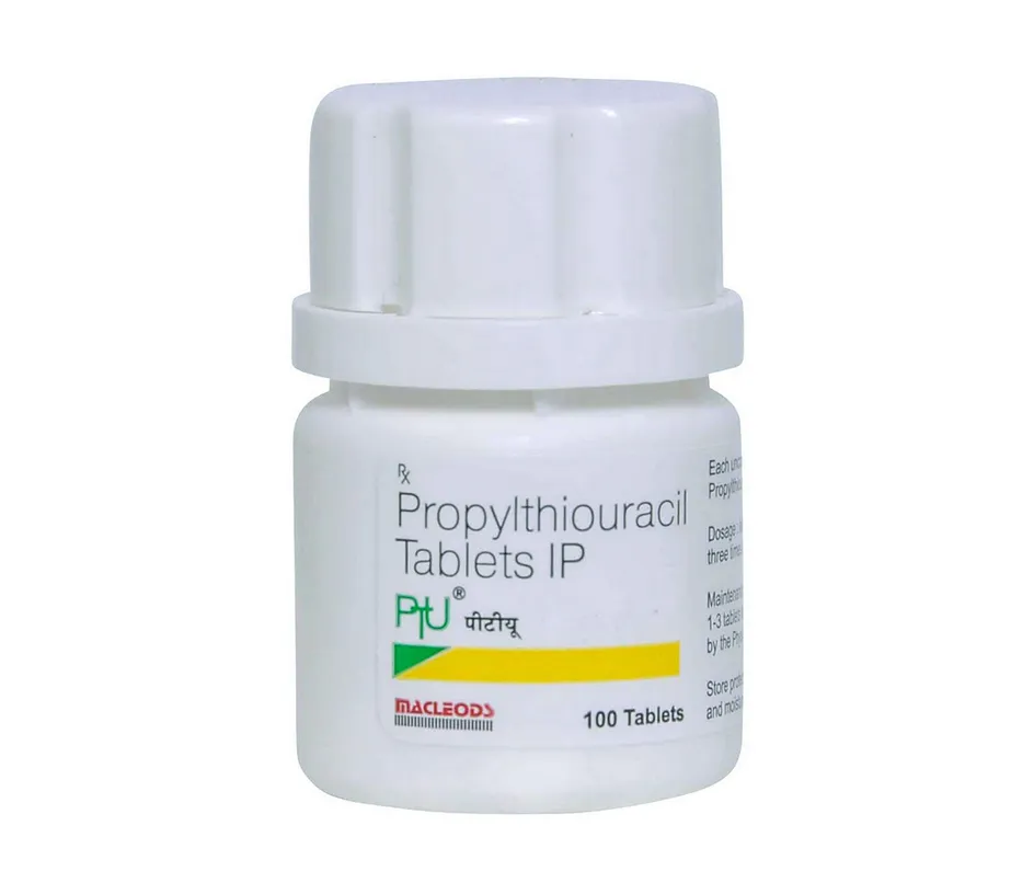 Propylthiouracil A bottle of Macleods Propylthiouracil Tablets IP, containing 100 tablets.