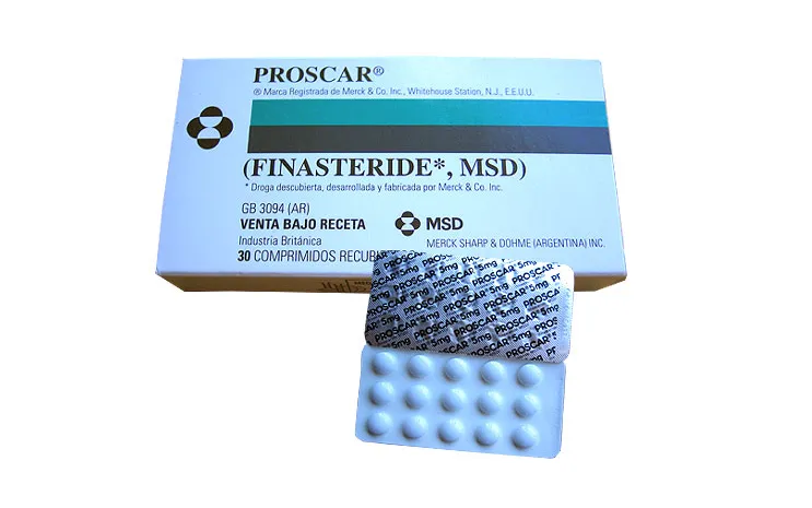 Finasteride A box and blister pack of MSD Proscar (Finasteride) 5 mg tablets, containing 30 tablets.