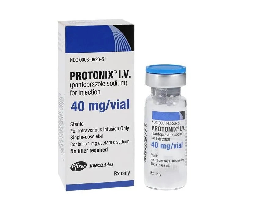 Pantoprazole A box and a vial of Pfizer Protonix I.V. (pantoprazole sodium) for injection, 40 mg/vial.