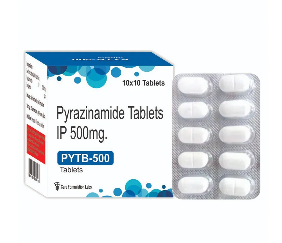 Pyrazinamide A box and a blister pack of Care Formulation Labs PYTB-500 (Pyrazinamide Tablets IP 500mg).