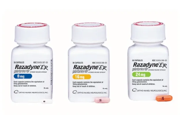 Galantamine Three bottles of Ortho-McNeil Neurologics Razadyne ER (galantamine HBr) extended-release capsules in 8 mg, 16 mg, and 24 mg strengths.