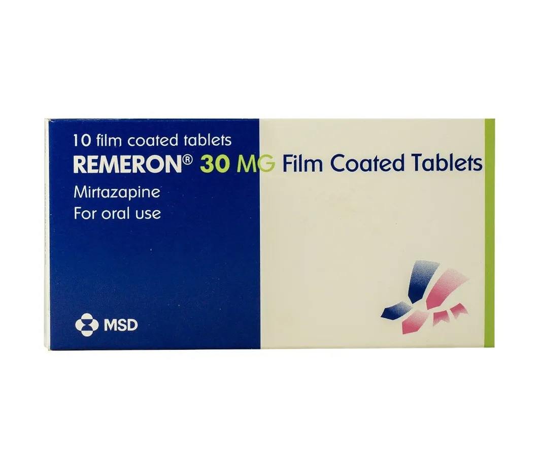 A box of MSD Remeron 30mg film-coated tablets, containing 10 tablets of mirtazapine.
