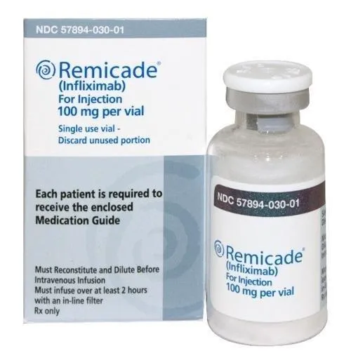 A box and vial of Remicade Infliximab for Injection, 100 mg per vial.