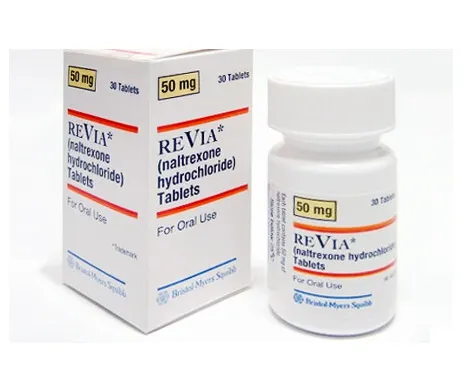 Naltrexone A box and a bottle of REVIA (naltrexone hydrochloride) tablets 50 mg by Bristol-Myers Squibb, containing 30 tablets.