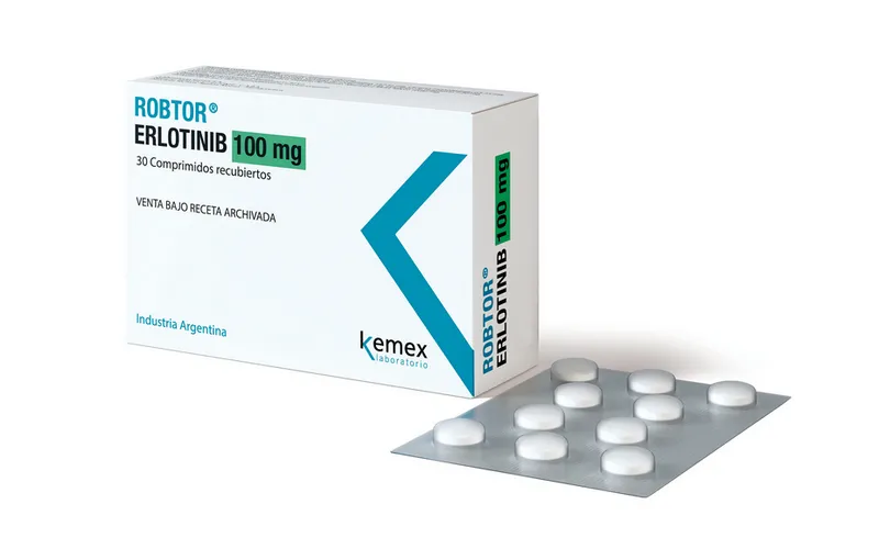 Erlotinib A box and blister pack of Kemex Laboratorio Robtor (Erlotinib) 100 mg tablets, containing 30 tablets.