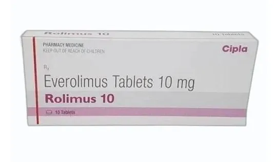 Everolimus A box of Cipla Everolimus Tablets 10 mg, with the brand name Rolimus 10, containing 10 tablets.