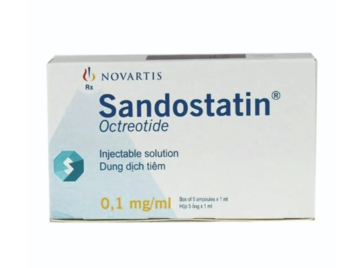 Octreotide A box of Novartis Sandostatin (Octreotide) injectable solution 0.1 mg/mL, containing a box of 5 ampoules.