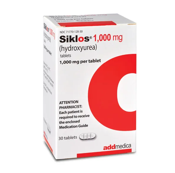 Hydroxyurea A box of addmedica Siklos (hydroxyurea) 1,000 mg tablets, for oral use.