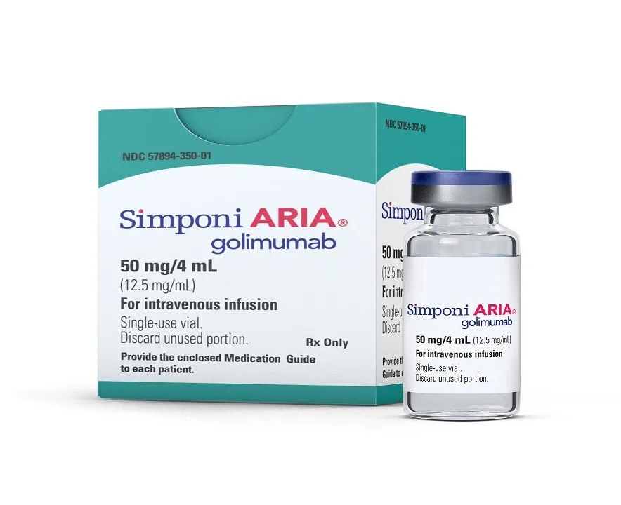 A box and vial of Simponi ARIA (golimumab) 50 mg/4 mL solution for intravenous infusion.
