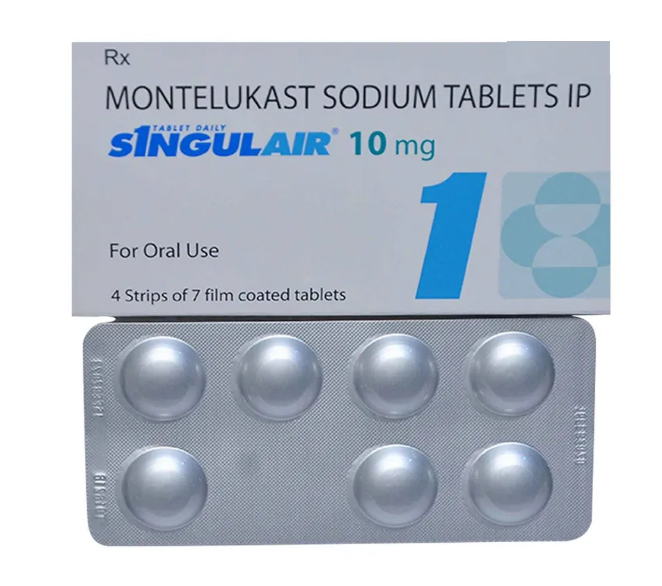 Montelukast A box and a blister pack of Singulair 10 mg (montelukast sodium tablets IP), an allergy and asthma medication.