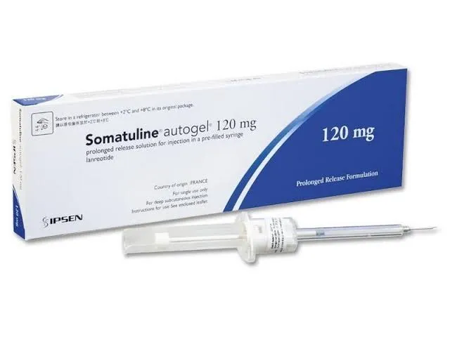 A box of Somatuline Autogel 120 mg (lanreotide) prolonged release solution for injection in a pre-filled syringe, from IPSEN.