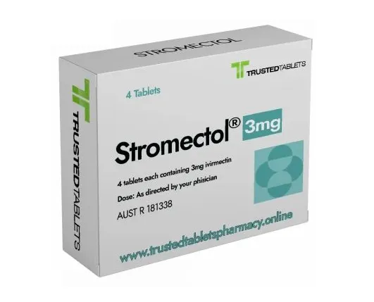A box of Stromectol 3mg tablets, each containing 3mg of ivermectin, from Trusted Tablets.