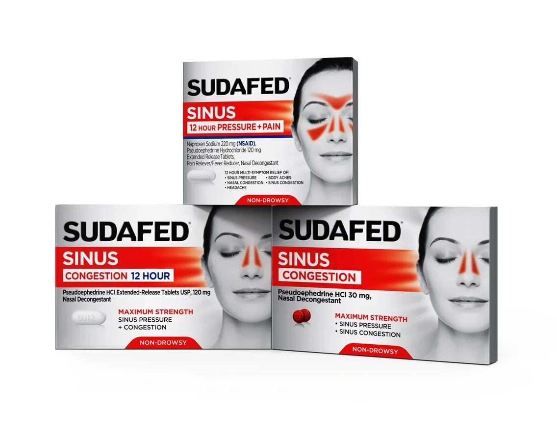 Pseudoephedrine Boxes of Sudafed Sinus 12 Hour Pressure + Pain, Sudafed Sinus Congestion 12 Hour, and Sudafed Sinus Congestion, all containing pseudoephedrine HCl as an active ingredient.