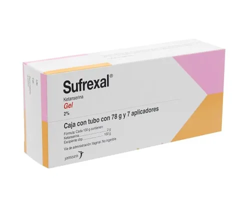 Ketanserin A box of Sufrexal (Ketanserin) Gel 2%, containing a 78g tube and 7 applicators, by Janssen.