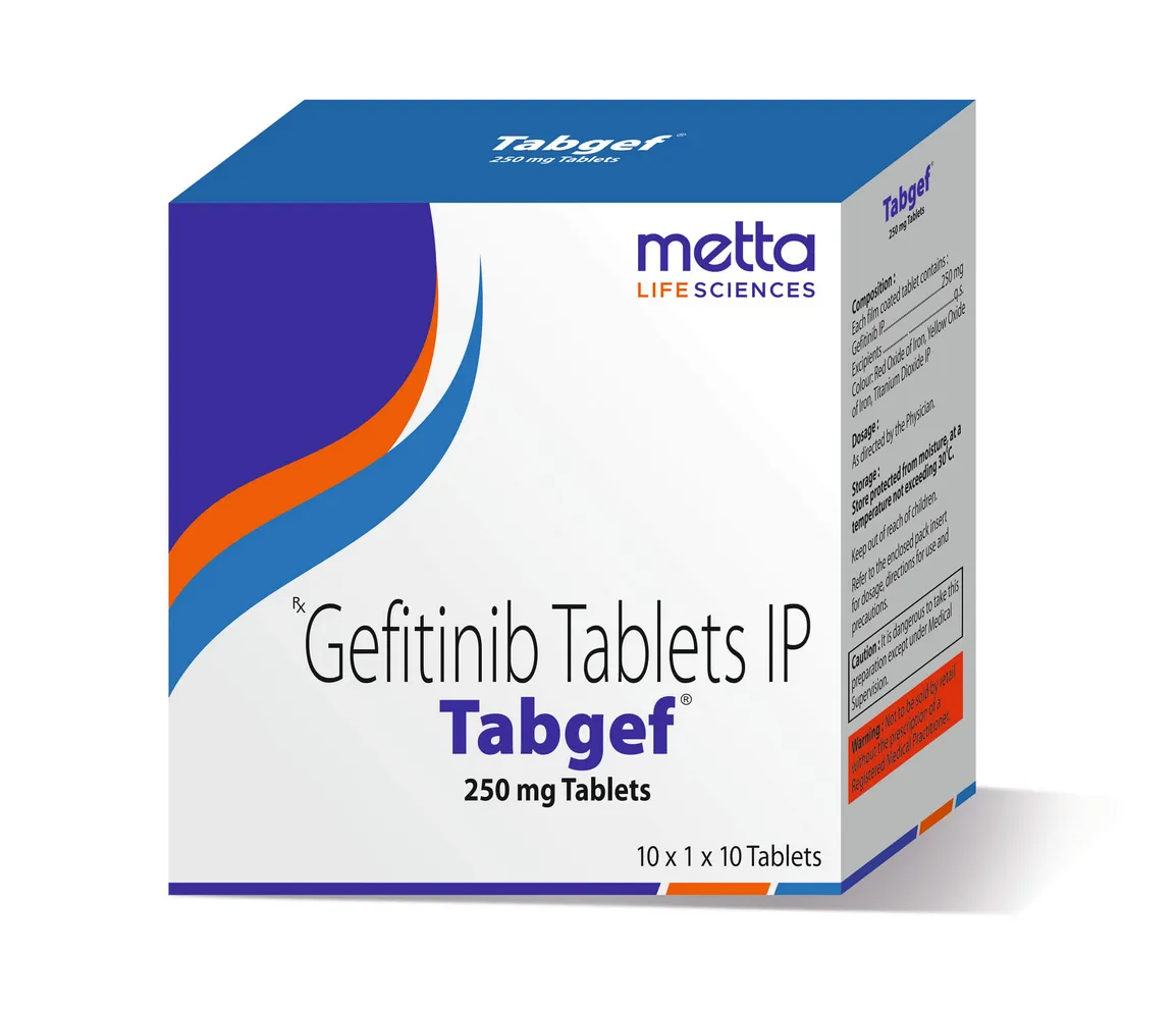 Gefitinib A box of Metta Life Sciences Tabgef (Gefitinib Tablets IP) 250 mg, containing 10 tablets.