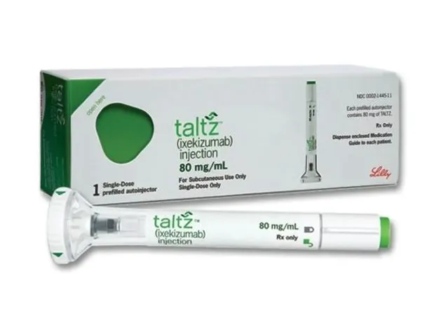 A box and a single-dose prefilled autoinjector of Taltz (ixekizumab) 80 mg/mL injection from Lilly.
