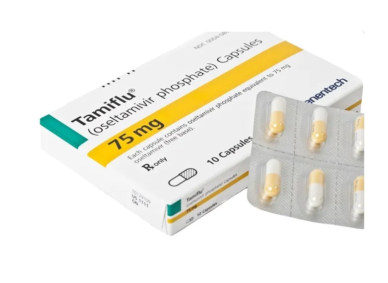 Oseltamivir A box and a blister pack of Genentech Tamiflu (oseltamivir phosphate) 75 mg capsules, containing 10 capsules.