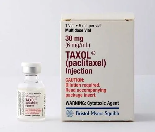 Paclitaxel A box and a single-dose multidose vial of Bristol-Myers Squibb TAXOL (paclitaxel) Injection 30 mg (6 mg/mL).
