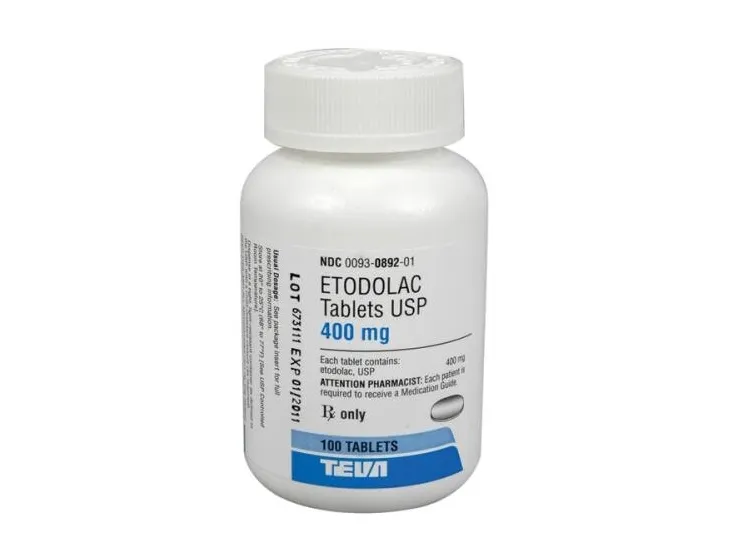 A bottle of Teva Etodolac Tablets USP 400 mg, containing 100 tablets, with a warning that each patient is required to receive a Medication Guide.