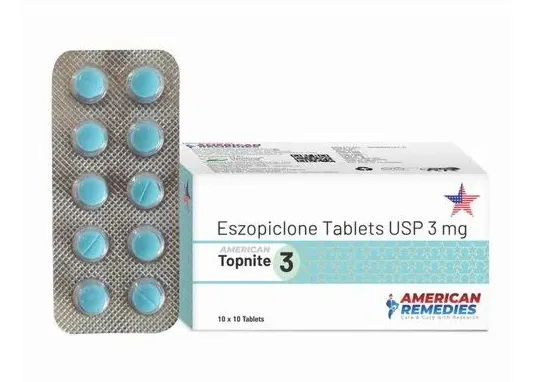 Eszopiclone A box and blister pack of AMERICAN REMEDIES Topnite 3 (Eszopiclone) Tablets USP 3 mg, containing 10x10 tablets.
