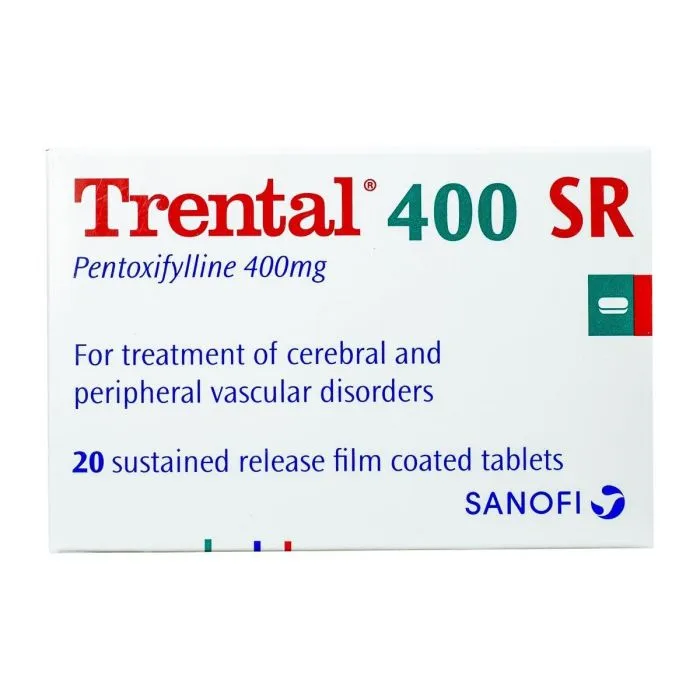 Pentoxifylline A box of Sanofi Trental 400 SR (Pentoxifylline 400mg) sustained release film coated tablets, for treatment of cerebral and peripheral vascular disorders.