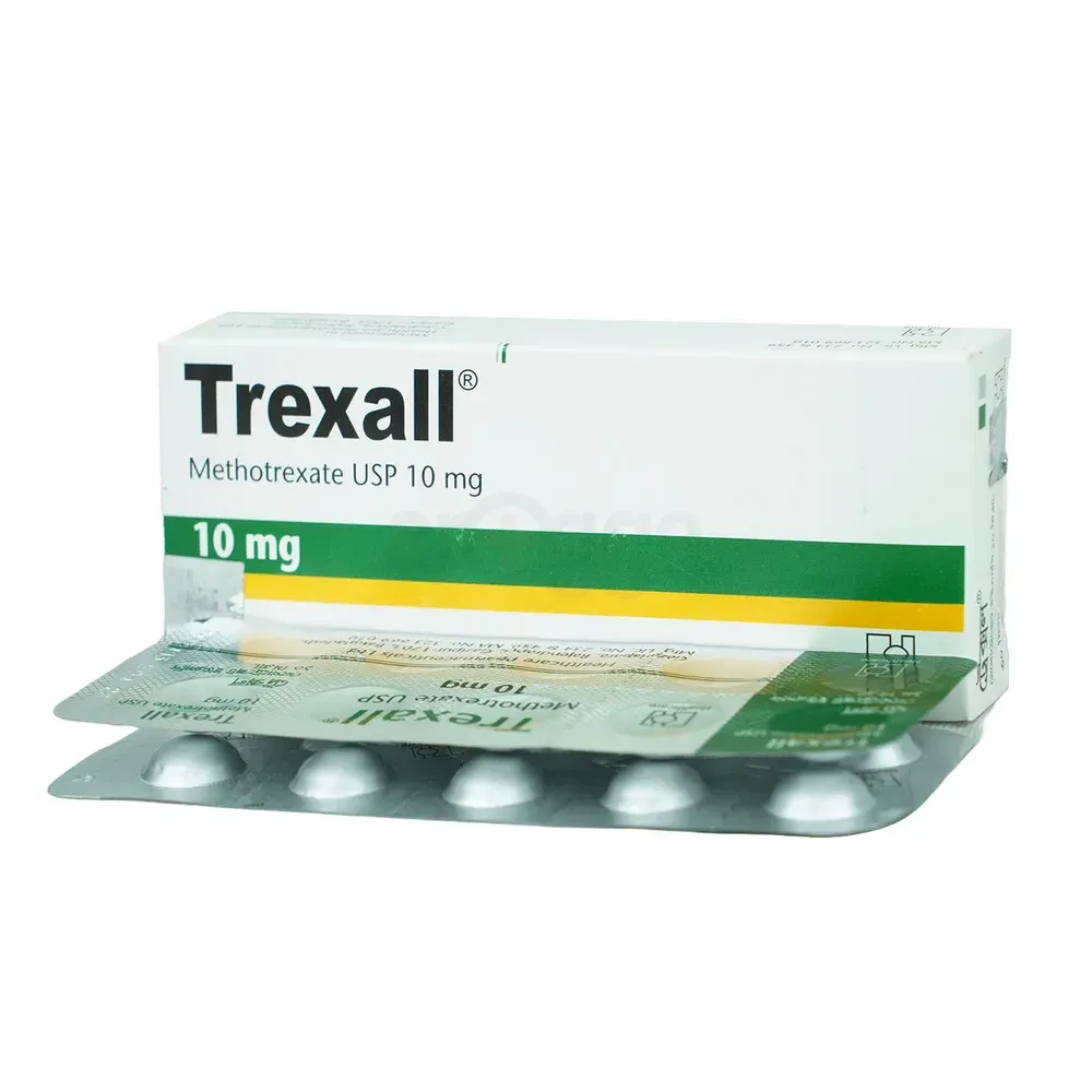 Methotrexate A box and two blister packs of Trexall (Methotrexate USP) 10 mg tablets, used to treat certain cancers and autoimmune diseases.