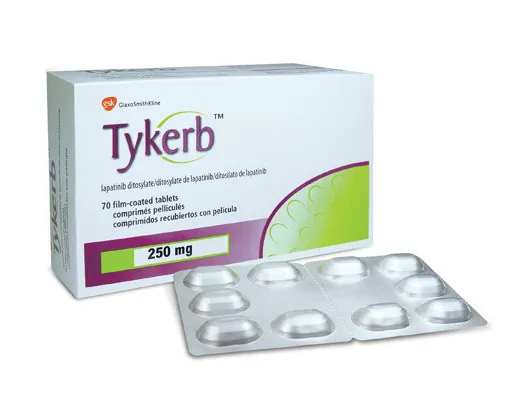 A box and blister pack of GSK Tykerb (Lapatinib) 250 mg film-coated tablets, used for treating breast cancer.