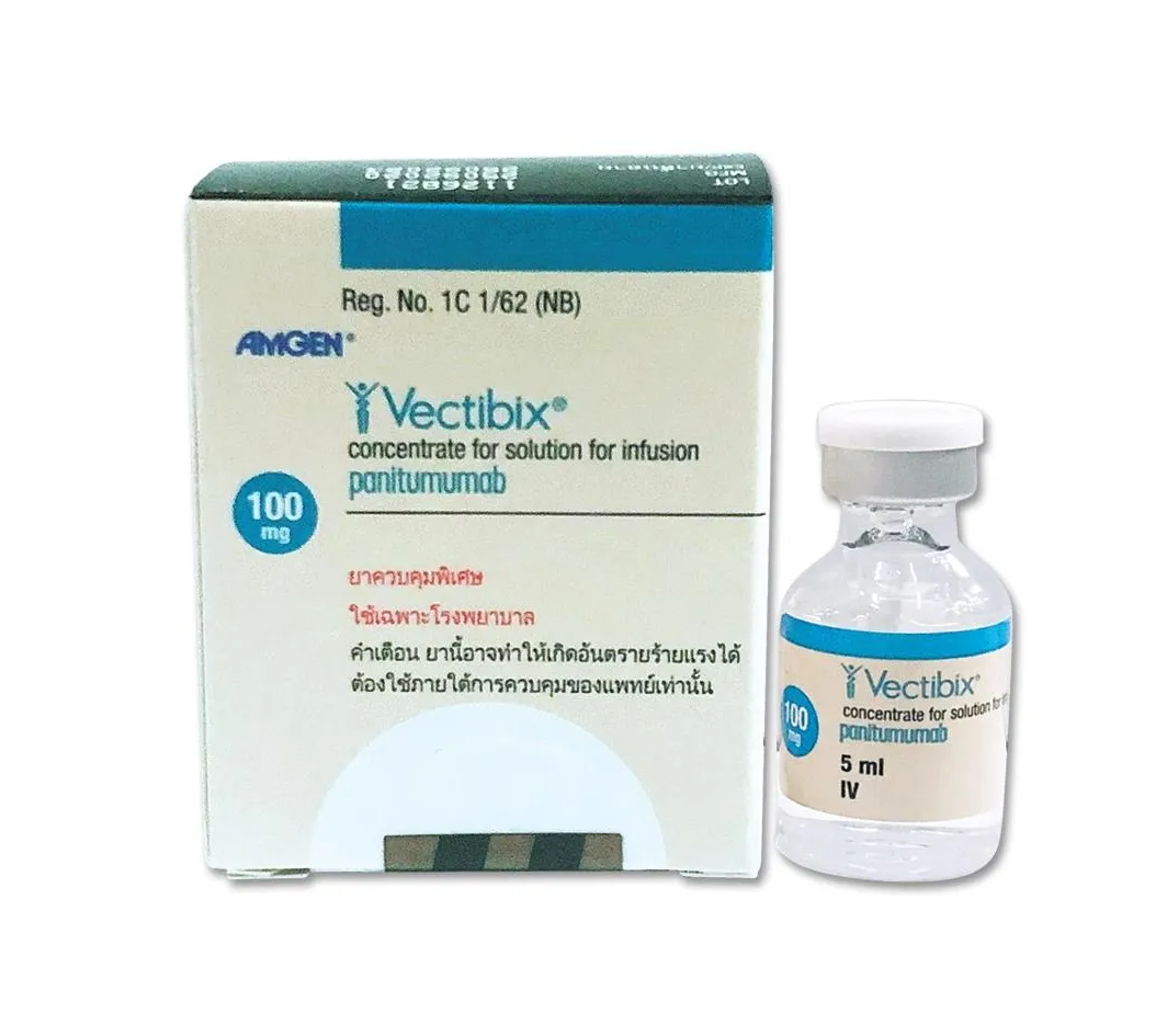 Panitumumab A box and a vial of Amgen Vectibix (panitumumab) concentrate for solution for infusion, 100 mg.