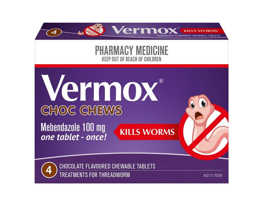 A box of Vermox Choc Chews (Mebendazole 100mg), a chocolate-flavored chewable tablet for treating threadworm.