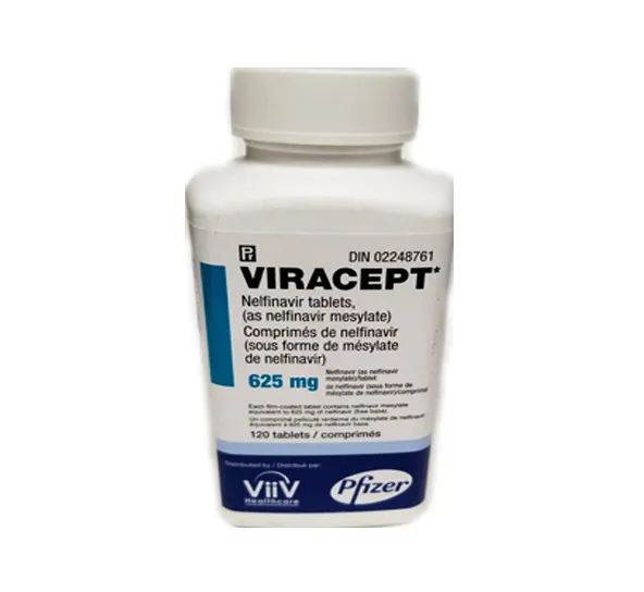 Nelfinavir A bottle of Pfizer Viracept (nelfinavir mesylate) 625 mg tablets, containing 120 tablets.