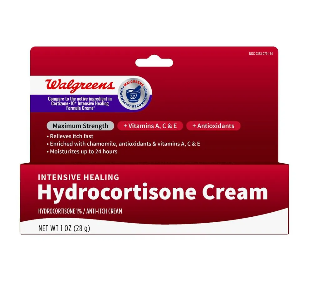 A box of Walgreens Intensive Healing Hydrocortisone Cream 1%/anti-itch cream, containing vitamins A, C, & E and antioxidants.