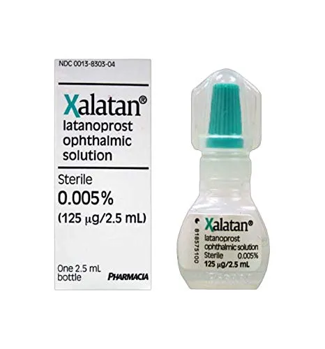 A box and small bottle of Xalatan (latanoprost ophthalmic solution) 0.005%, used for eye care.