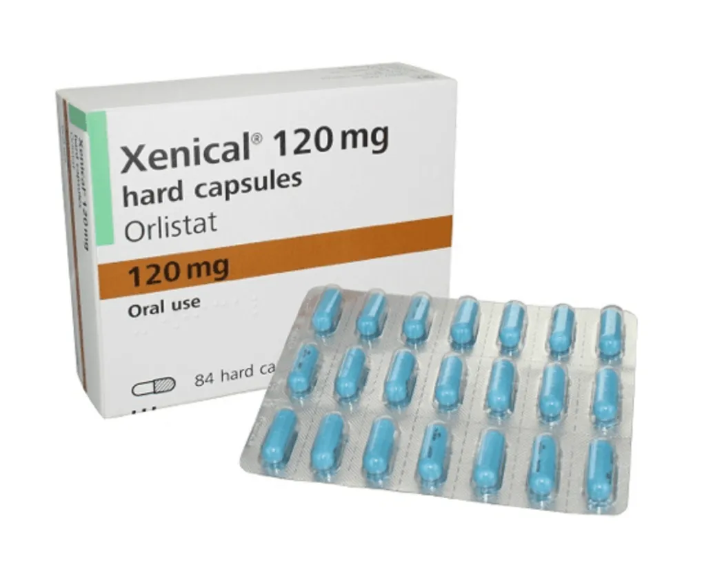 Orlistat A box and a blister pack of Xenical 120 mg hard capsules (Orlistat) for oral use.
