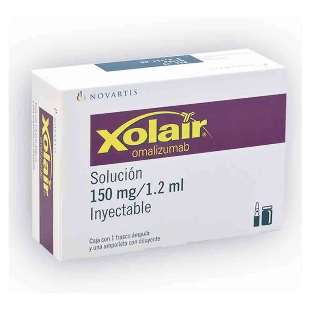 Omalizumab A box of Novartis Xolair (omalizumab) injectable solution, 150 mg/1.2 ml, containing 1 vial and 1 ampoule with a diluent.
