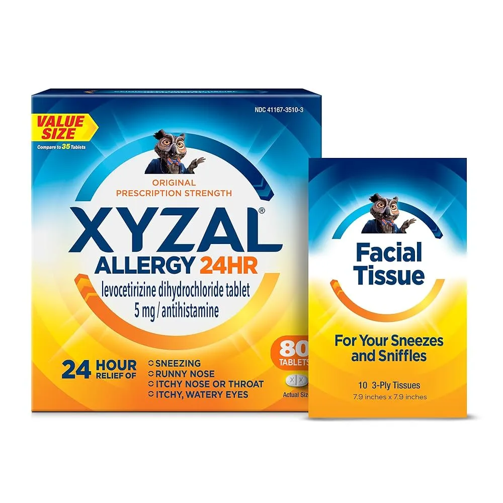 A value size box of XYXAL ALLERGY 24HR (levocetirizine dihydrochloride tablet) 5 mg, for allergy relief.