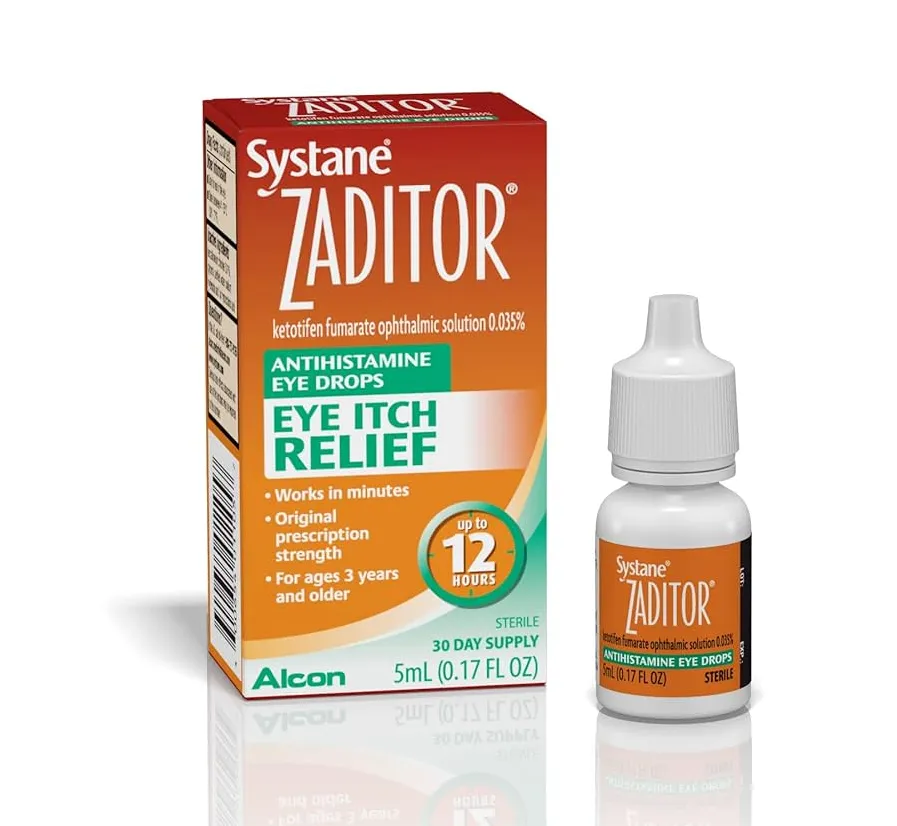 Ketotifen A box and bottle of Systane Zaditor (ketotifen fumarate ophthalmic solution 0.035%), an antihistamine eye drop for eye itch relief.
