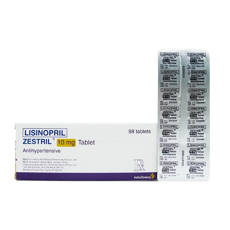 A box and two blister packs of Zestril (lisinopril) 10 mg tablets, an antihypertensive medication from AstraZeneca.