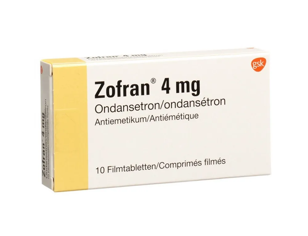 Ondansetron A box of GSK Zofran 4 mg film-coated tablets (Ondansetron), containing 10 tablets.