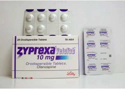 A box and two blister packs of Lilly Zyprexa Velotab (Olanzapine) 10 mg orodispersible tablets, containing 28 tablets.