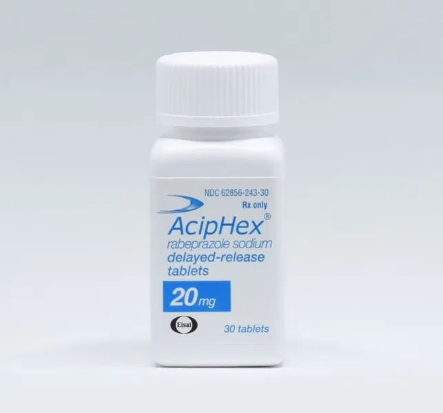 Rabeprazole A bottle of Eisai AcipHex (rabeprazole sodium delayed-release tablets) 20 mg, containing 30 tablets.